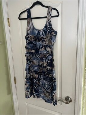 Navy Palm-Print Ruffle Midi Dress